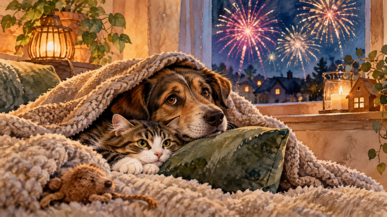 Hund und Katze suchen unter einer Decke Schutz vor dem Silvesterfeuerwerk – frühzeitige Vorbereitung mit CBD an Silvester.