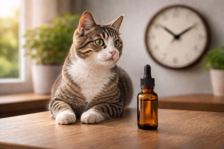 Katze sitzt neben CBD Öl Fläschchen auf Tisch, Uhr im Hintergrund zeigt regelmäßige Gabe